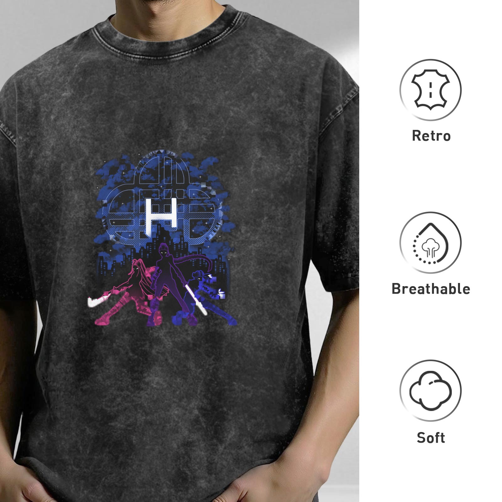 Washed black graphic t-shirt with anime hero silhouettes and cityscape design