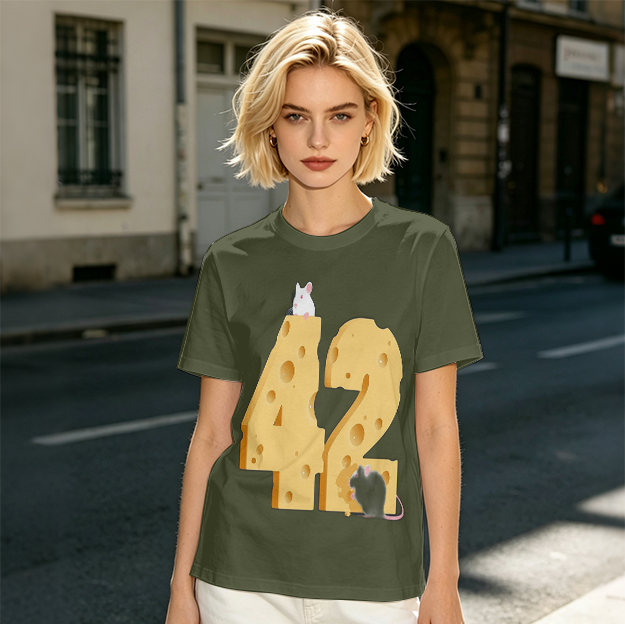 Olive T-Shirt With Cheese Number 42 And Mice Graphic