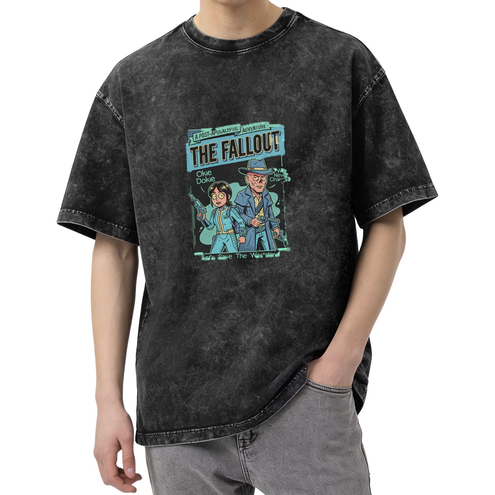 Washed Black Fallout Themed Graphic T-Shirt with Vault Dweller and Ghoul Art