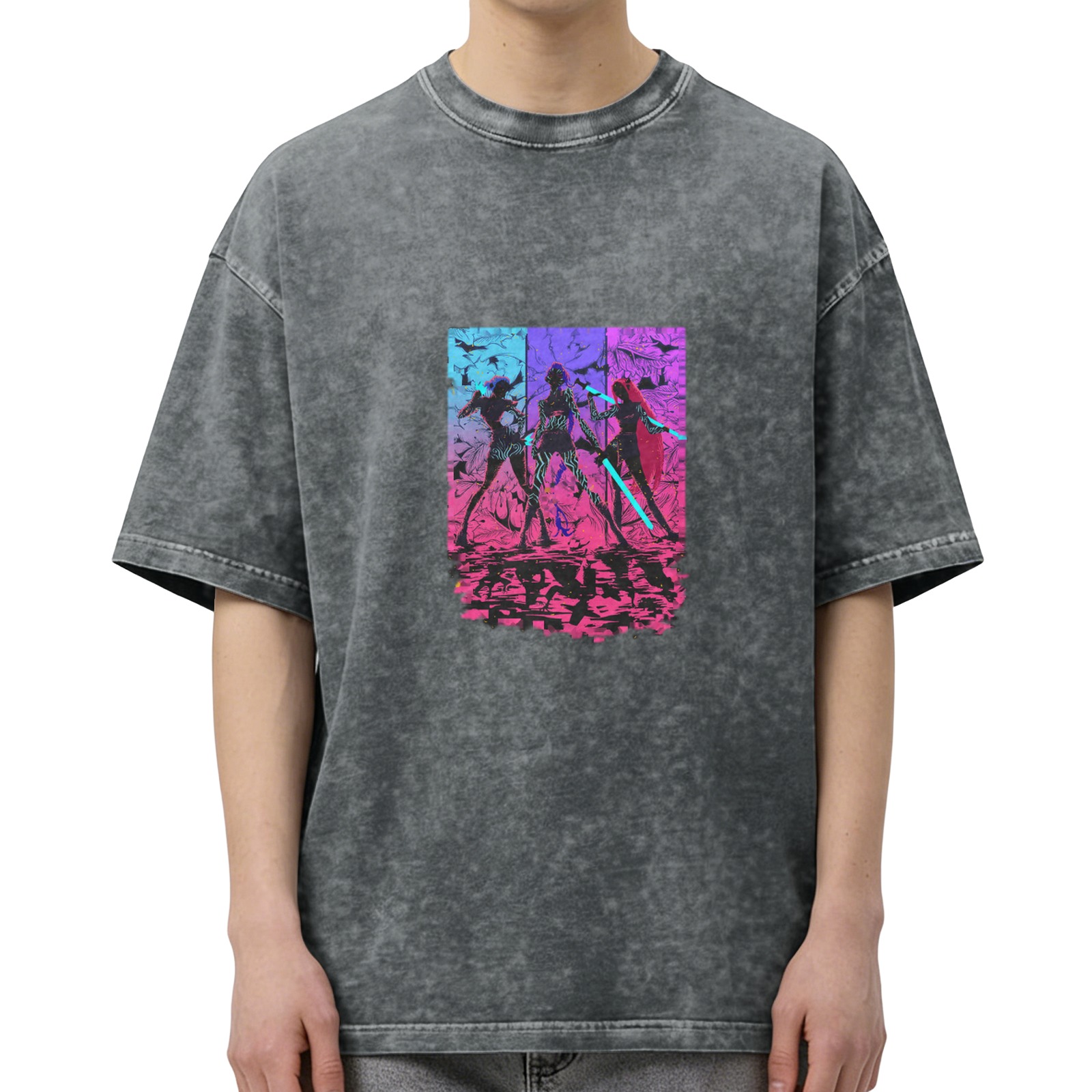 Distressed washed black cyber style anime character printed short-sleeved T-shirt