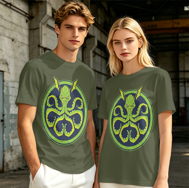 Olive Green T-Shirt with Octopus Demon Graphic Print