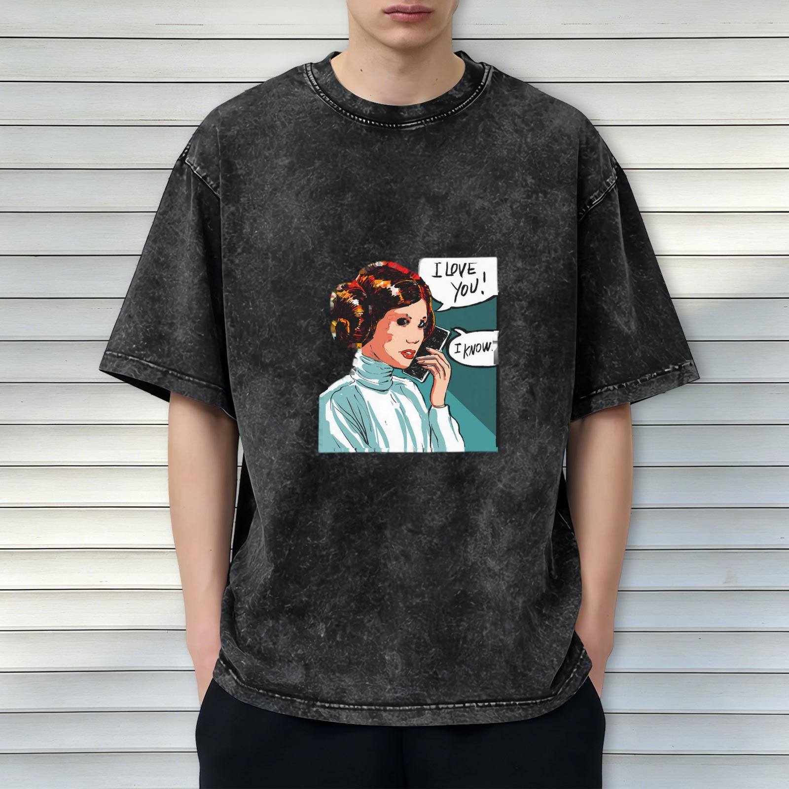 Washed Black T-Shirt with Princess Leia I Love You I Know Artwork