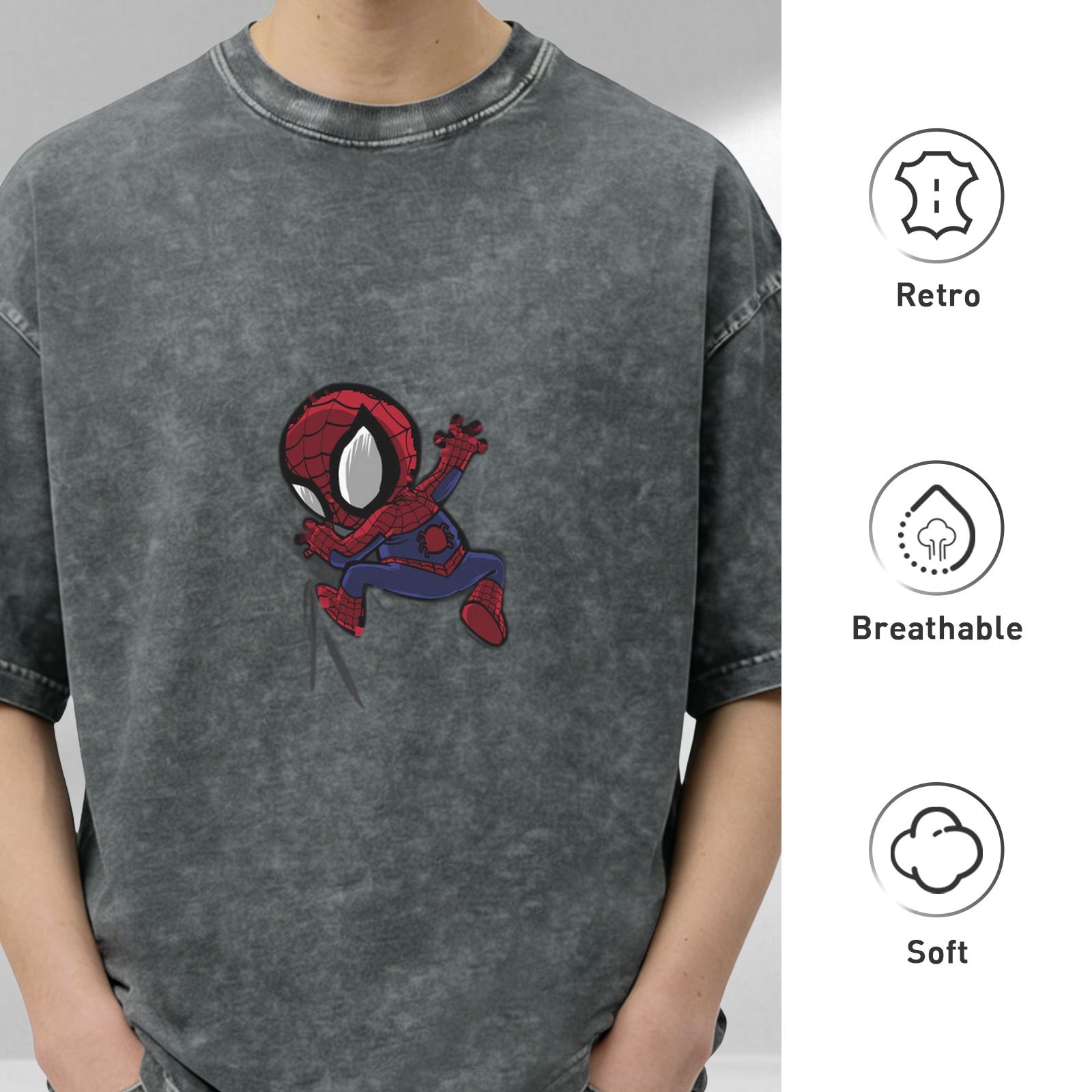 Distressed washed black cartoon Spider-Man print loose short-sleeved T-shirt