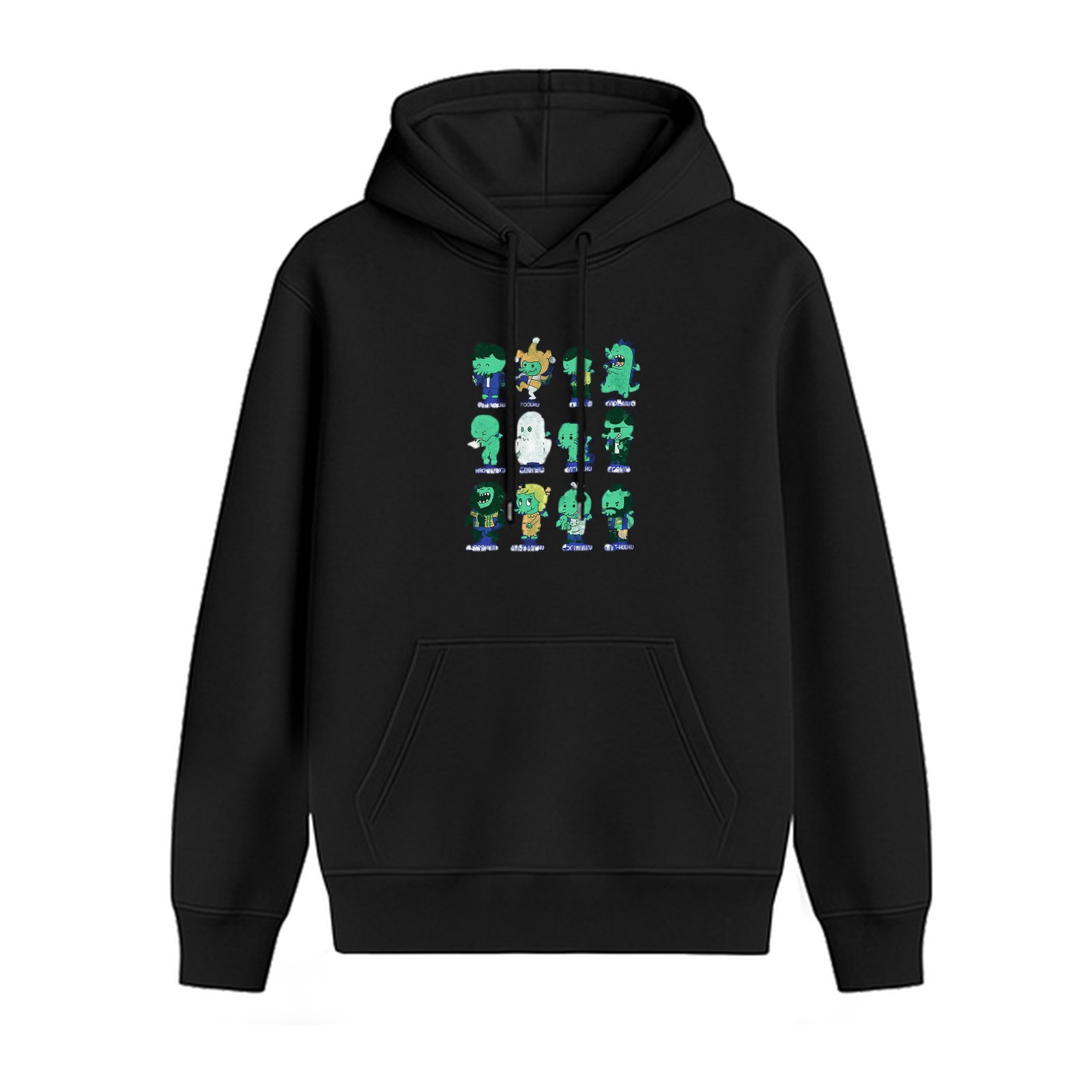 Black hoodie with cute green monster character grid print