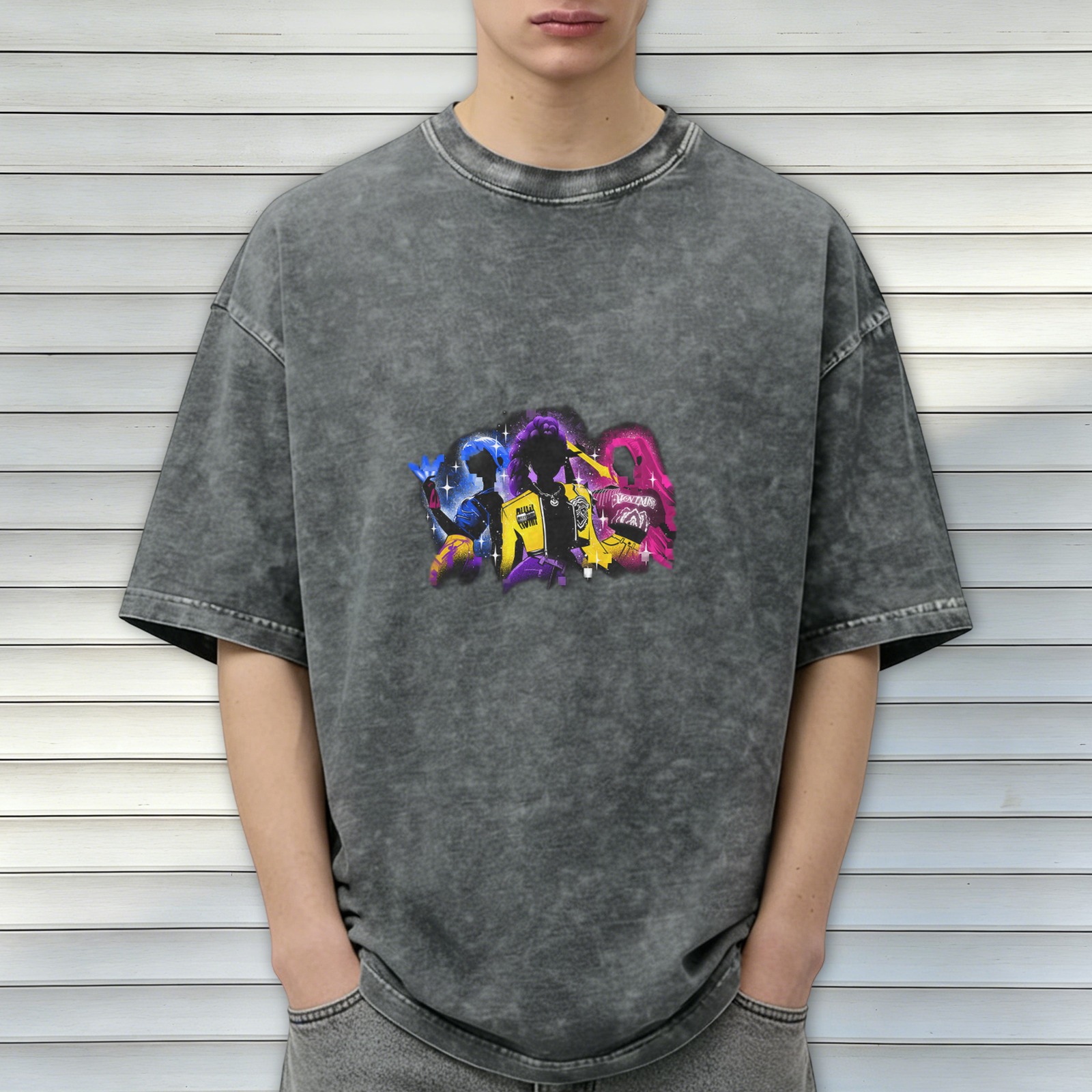 Oversized Acid Wash T-Shirt With Neon Anime Character Silhouette Graphic