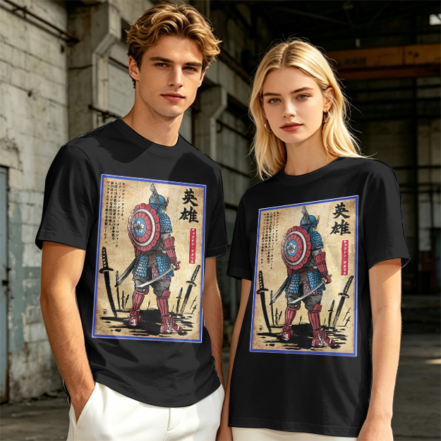 Olive T-shirt with Samurai Captain America Hero Art Print