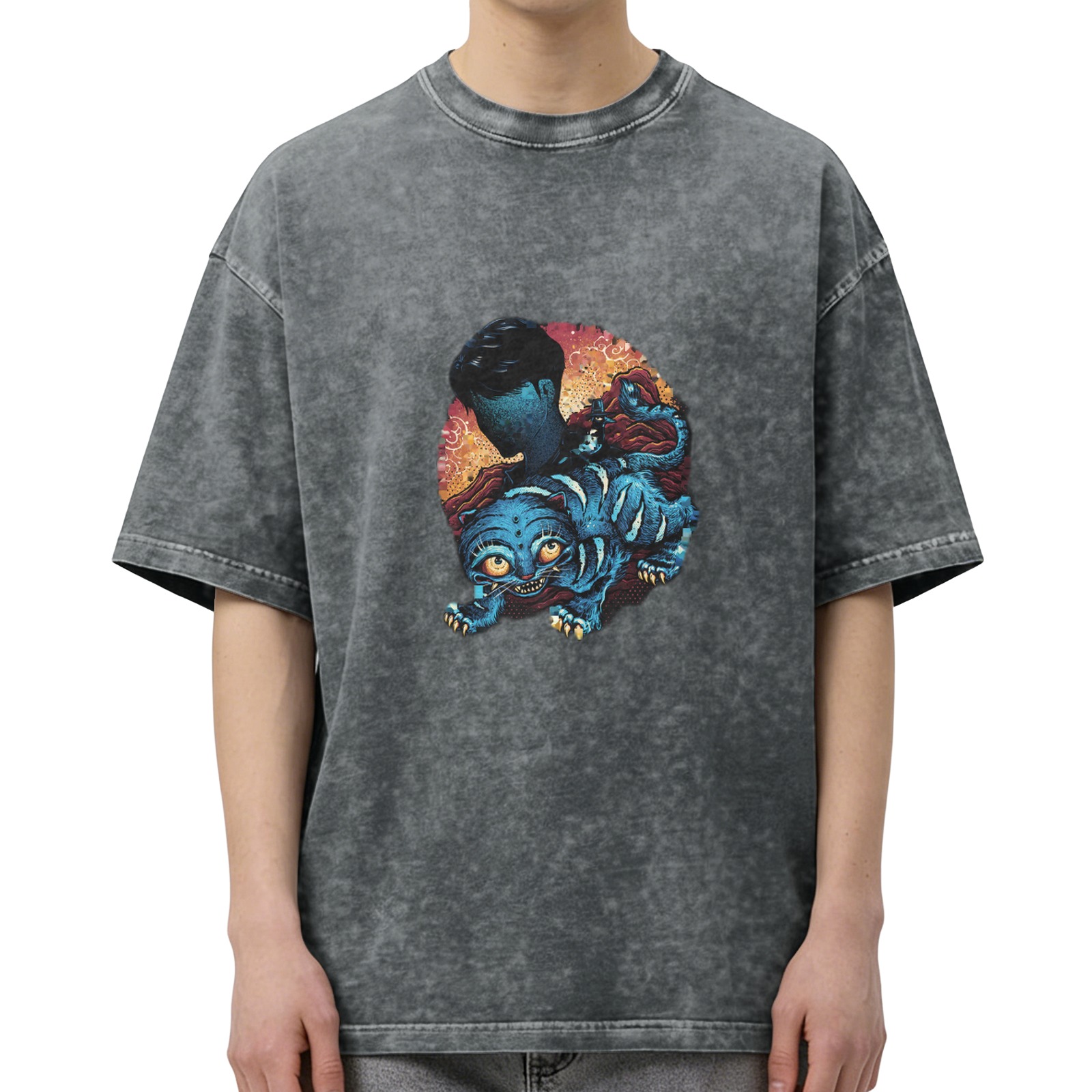 Distressed washed black loose short-sleeved T-shirt Creative blue cat monster print top