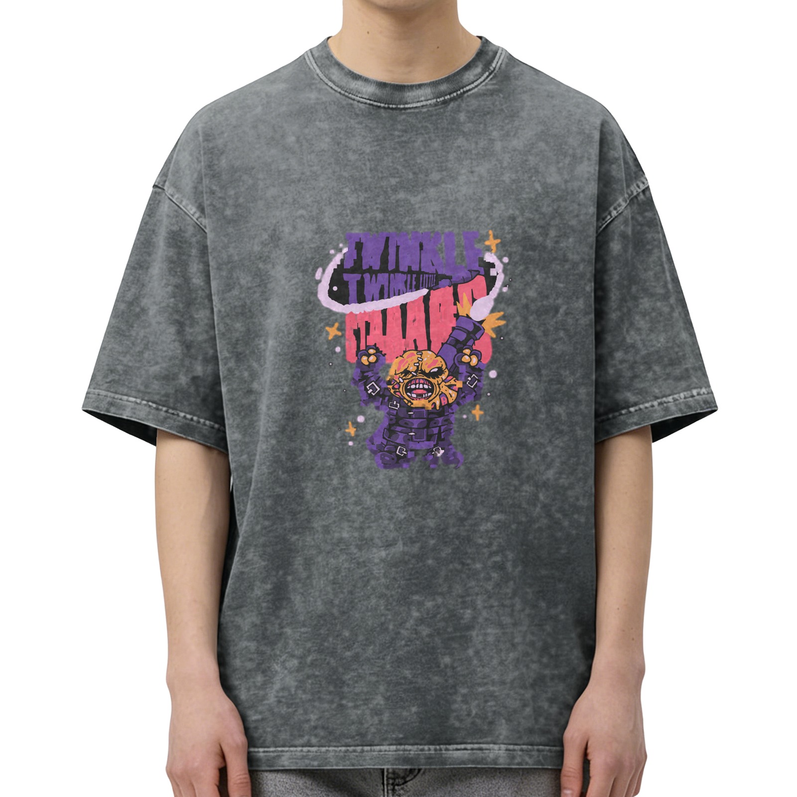 Washed black graphic t-shirt with Twinkle Twinkle Chaos monster print