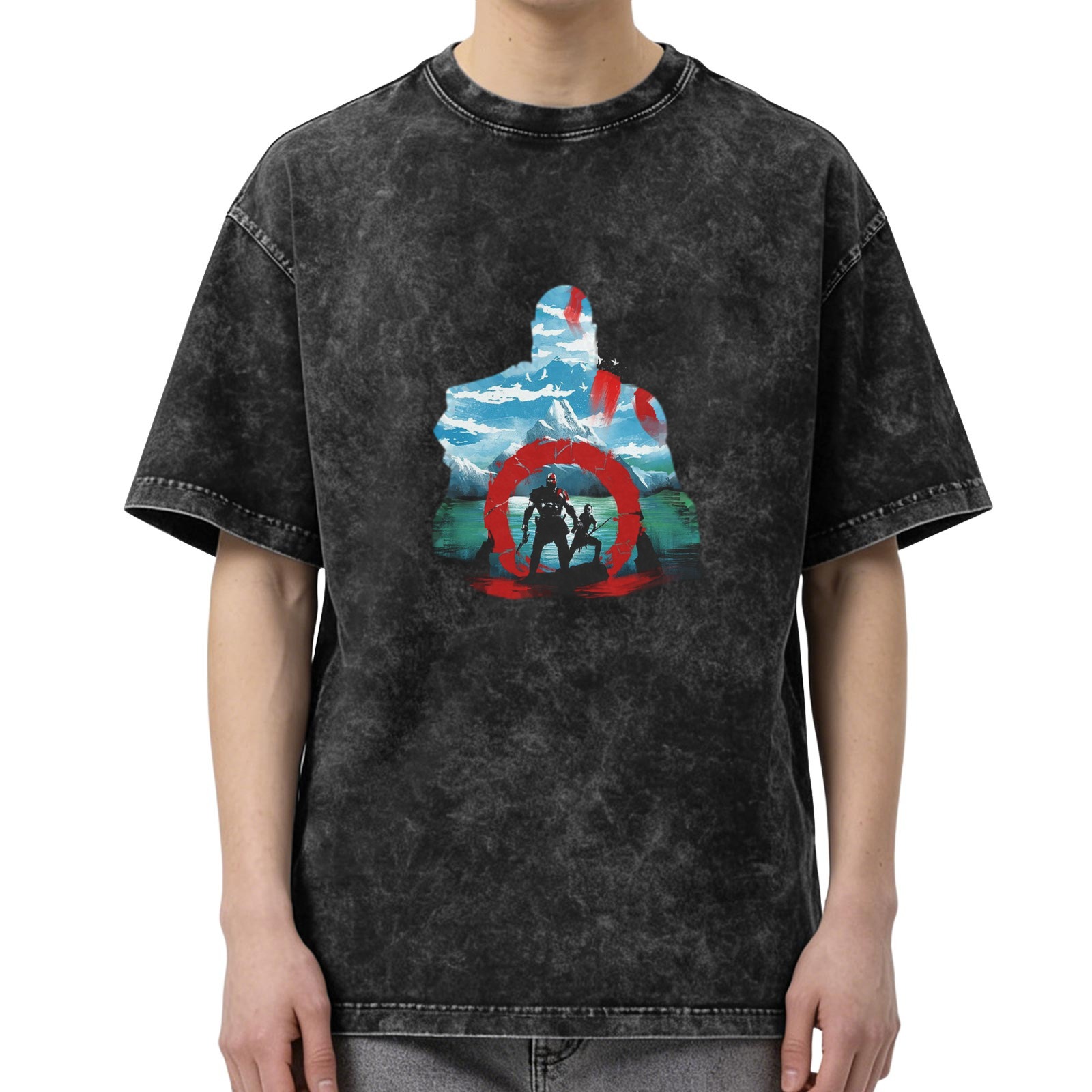 God of War themed distressed printed short-sleeved T-shirt, washed black loose style