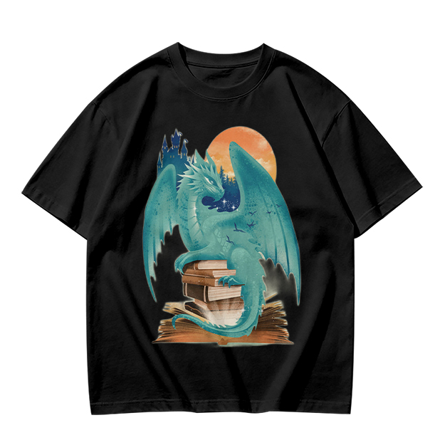 Teal Dragon Perched on Stacked Books Fantasy Graphic T-Shirt