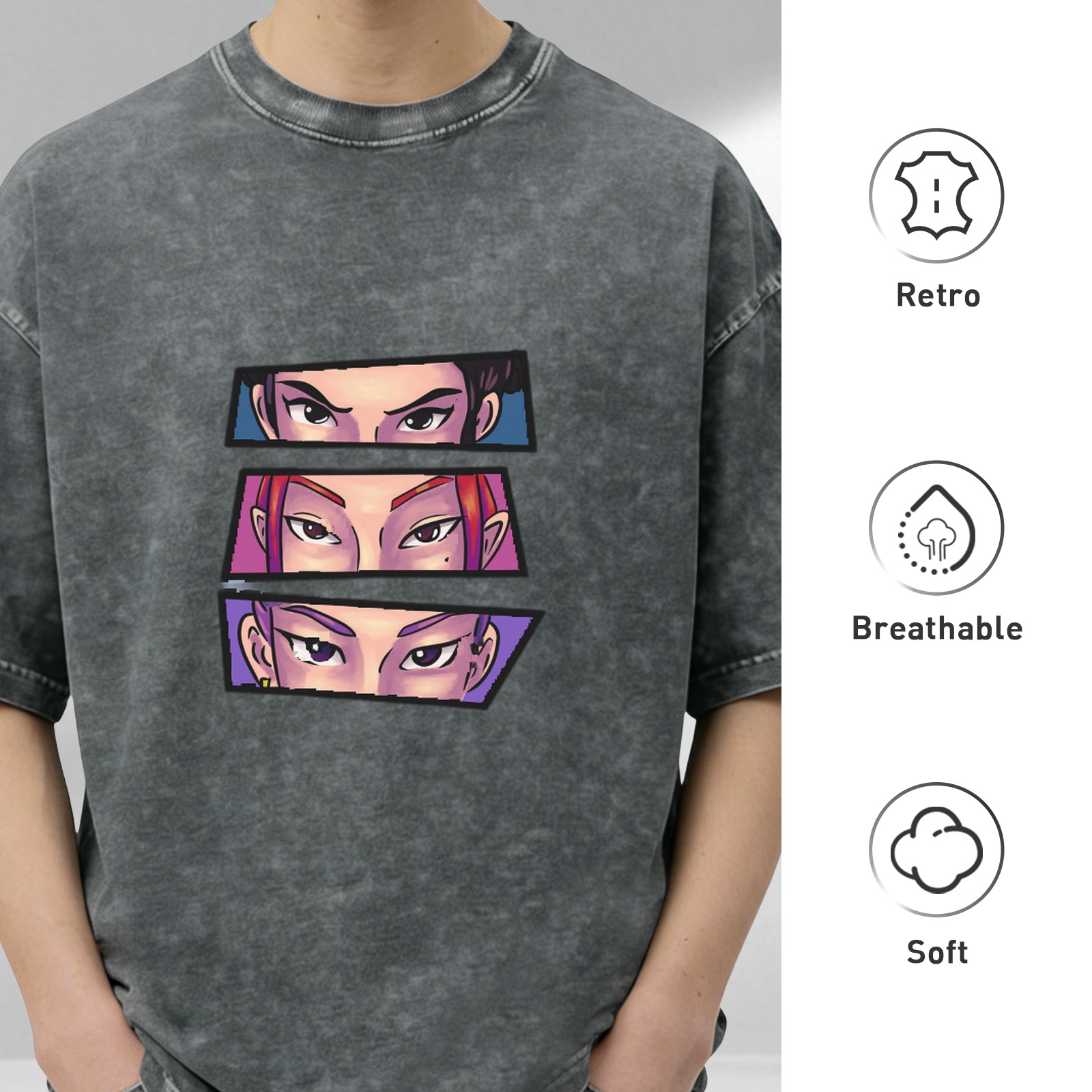 Oversized Acid Wash T-Shirt With Anime Eyes Graphic Print