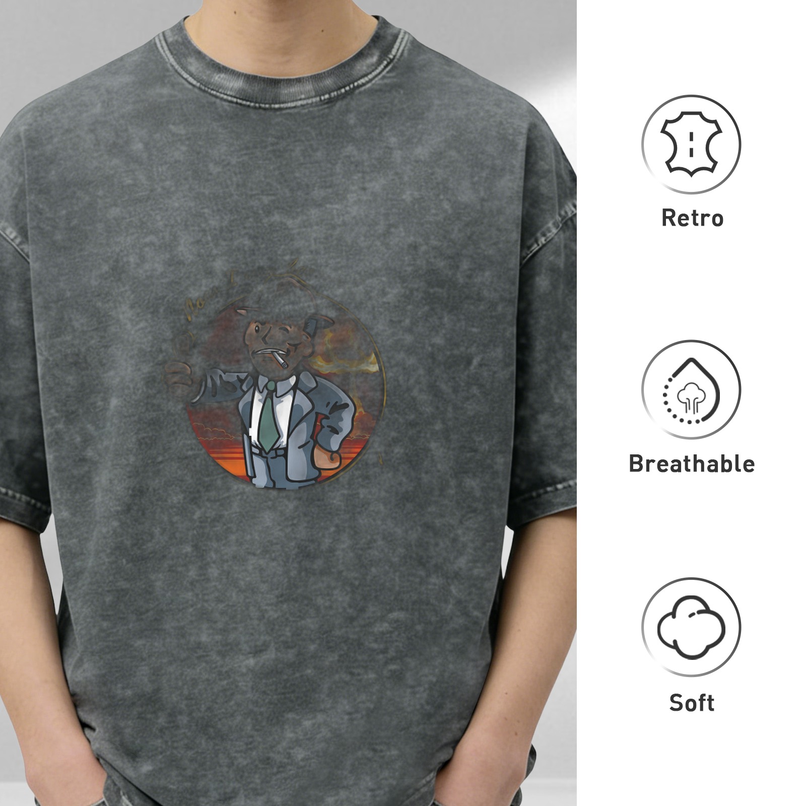 Distressed washed black cartoon print short-sleeved T-shirt Loose casual crew neck top