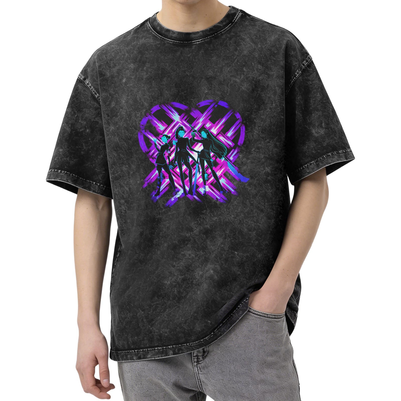 Washed Black T-Shirt with Neon Purple Heart and Three Stylized Figures Graphic