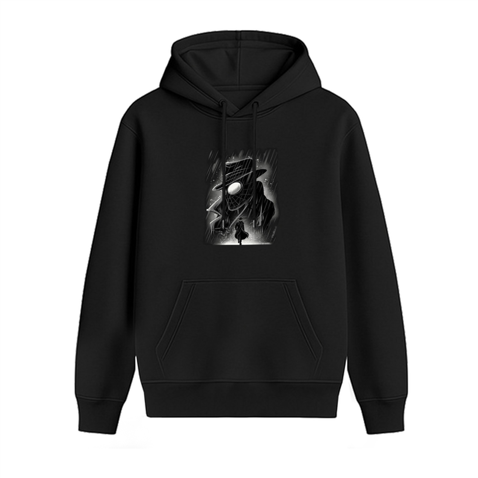 Black hoodie with noir spider detective graphic print