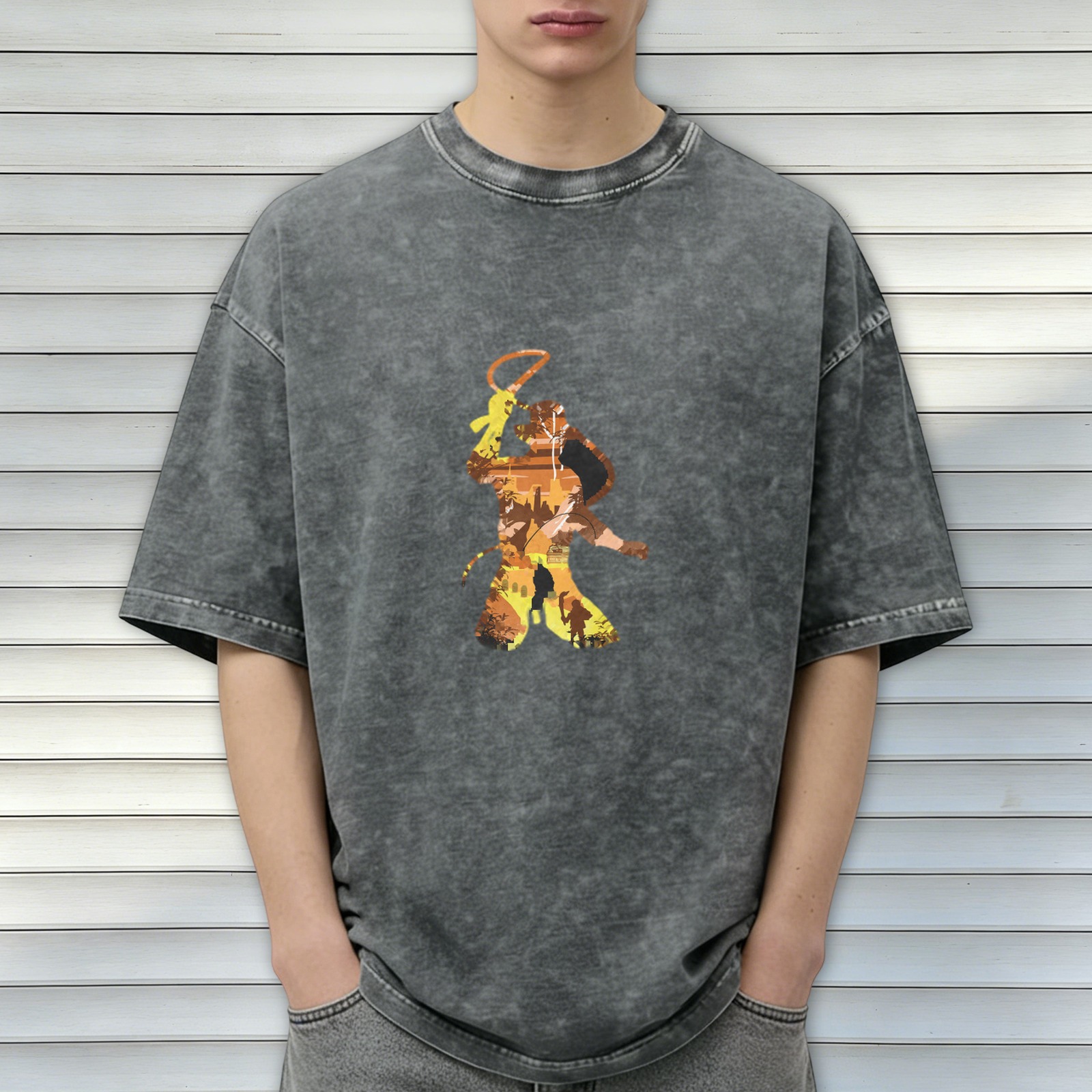 Washed Black Oversized T-Shirt With Monkey King Silhouette Graphic