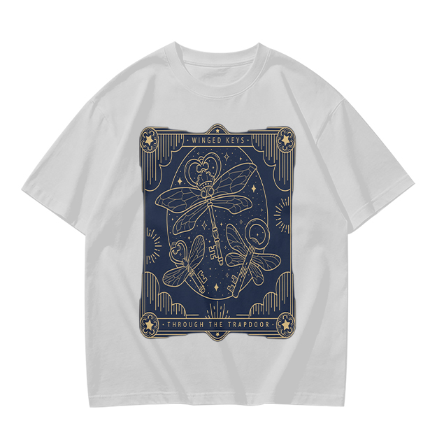 Olive t-shirt with winged keys tarot-style graphic design