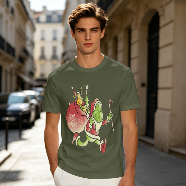Olive T-shirt with Grinch Santa Christmas Graphic Design