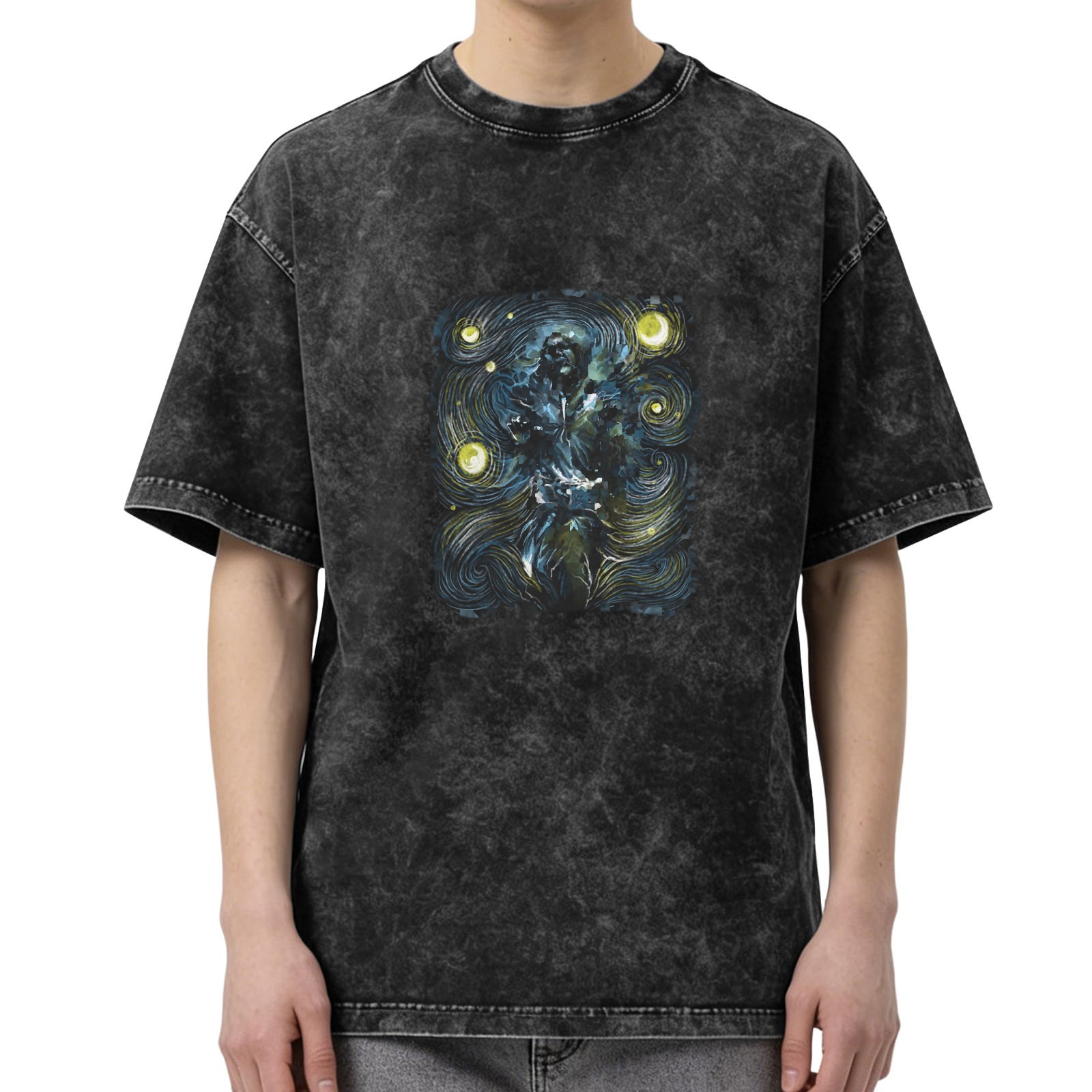 Oversized Acid Wash T-Shirt with Starry Night Style Graphic Print