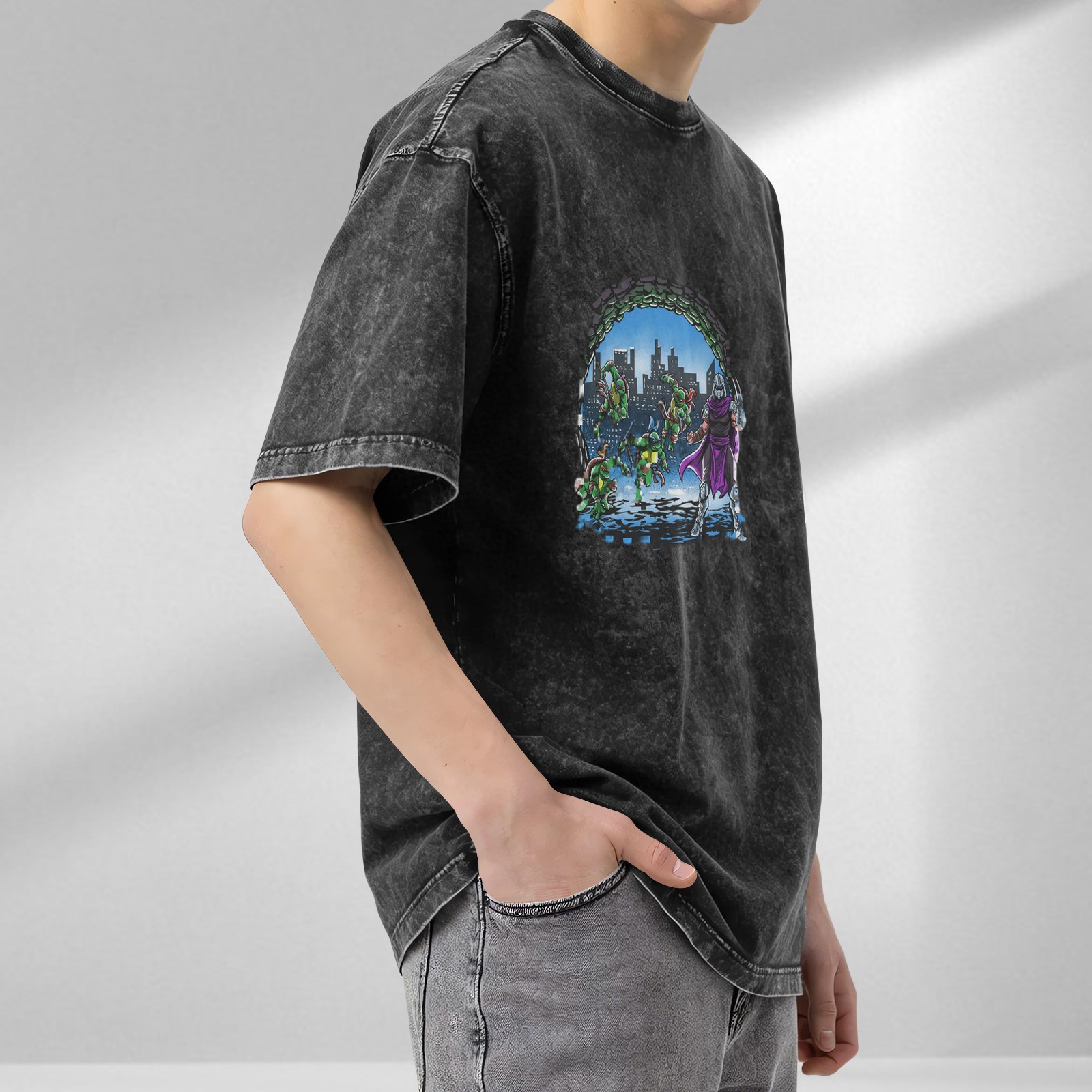 Washed Black T-Shirt with Teenage Mutant Ninja Turtles vs Shredder Graphic