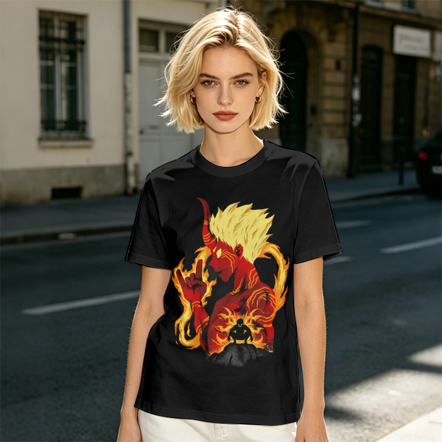 Oni Demon Flame Graphic Olive Green Casual T-Shirt