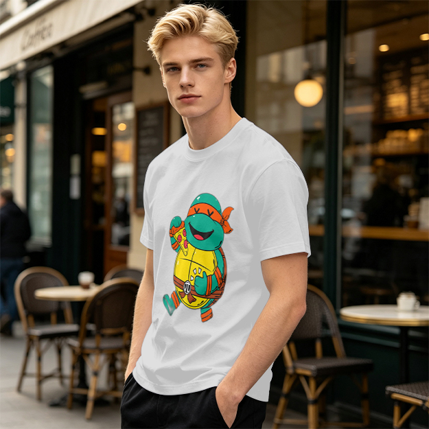 Olive T-shirt with cartoon ninja turtle holding pizza graphic