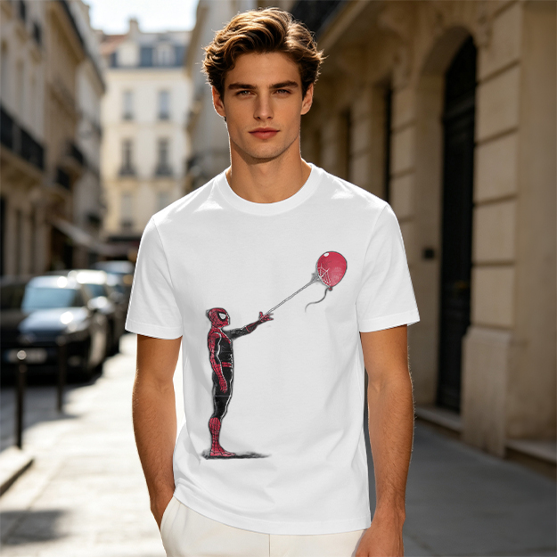 Olive T-shirt with Spider-Man Holding Red Balloon Graphic
