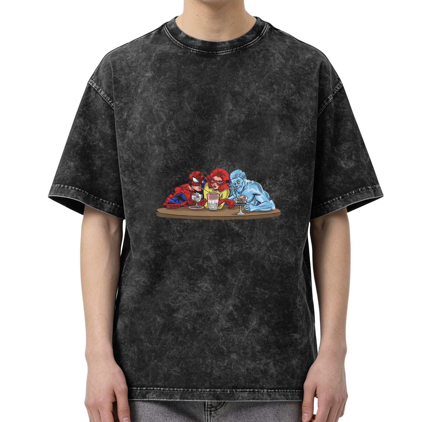 Washed Black T-Shirt with Superhero Characters at a Bar Table Graphic
