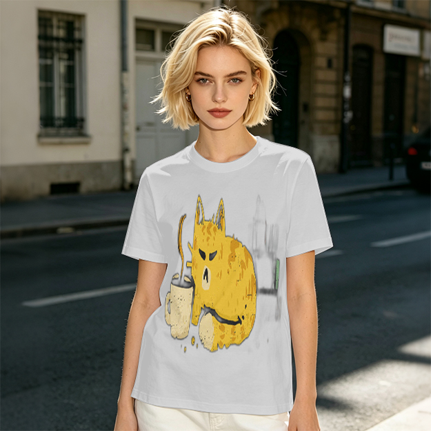 Olive T-Shirt With Grumpy Cat Holding Hot Coffee Print