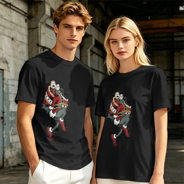 Olive T-shirt with distressed cartoon Santa Claus graphic