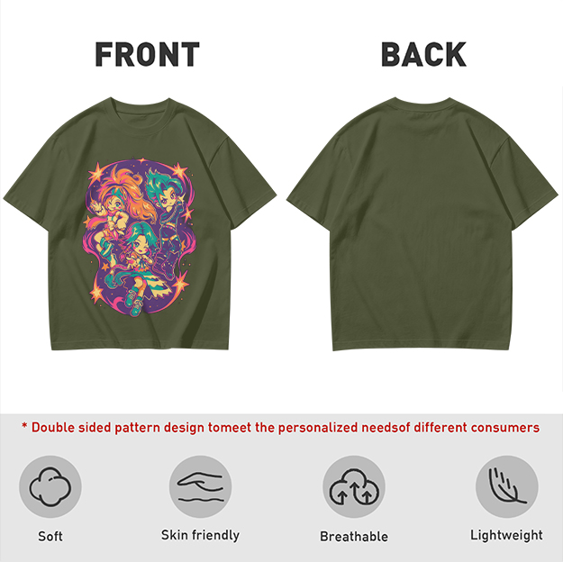 Olive T-Shirt With Vibrant Anime Chibi Characters Graphic Print