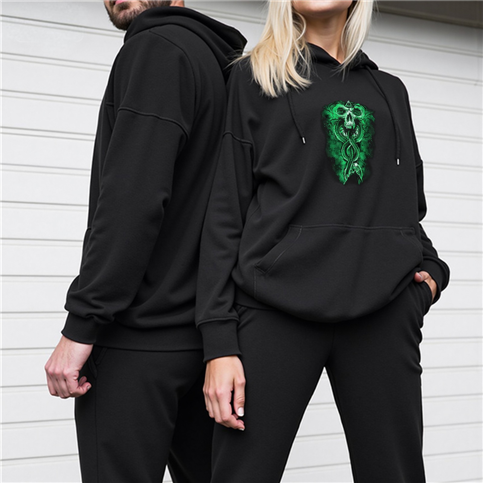 Black Hoodie With Green Skull Snake Graphic Print