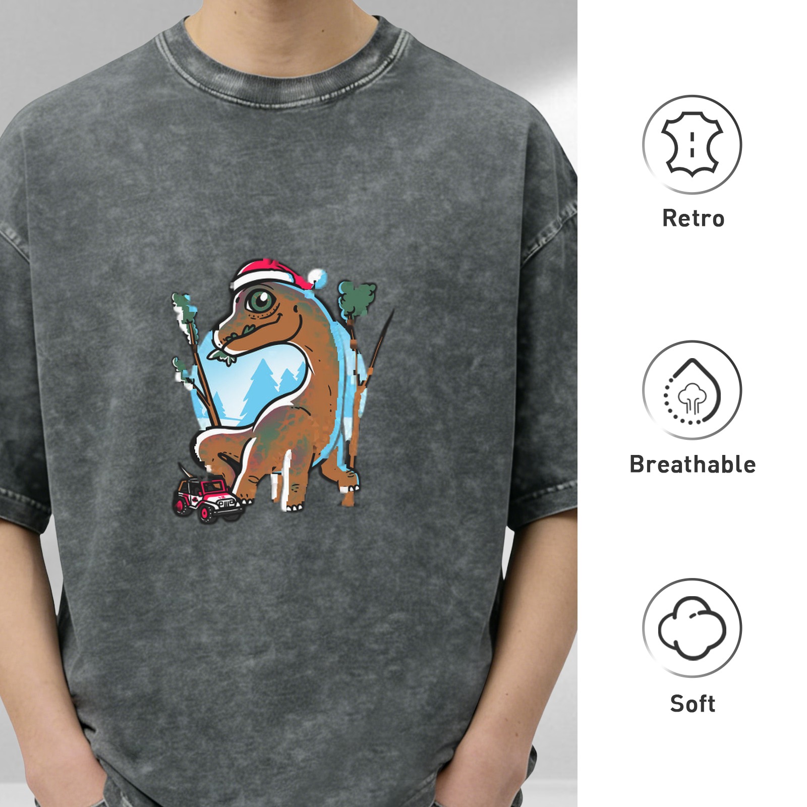 Oversized Dark Wash T-Shirt With Christmas Dinosaur Graphic