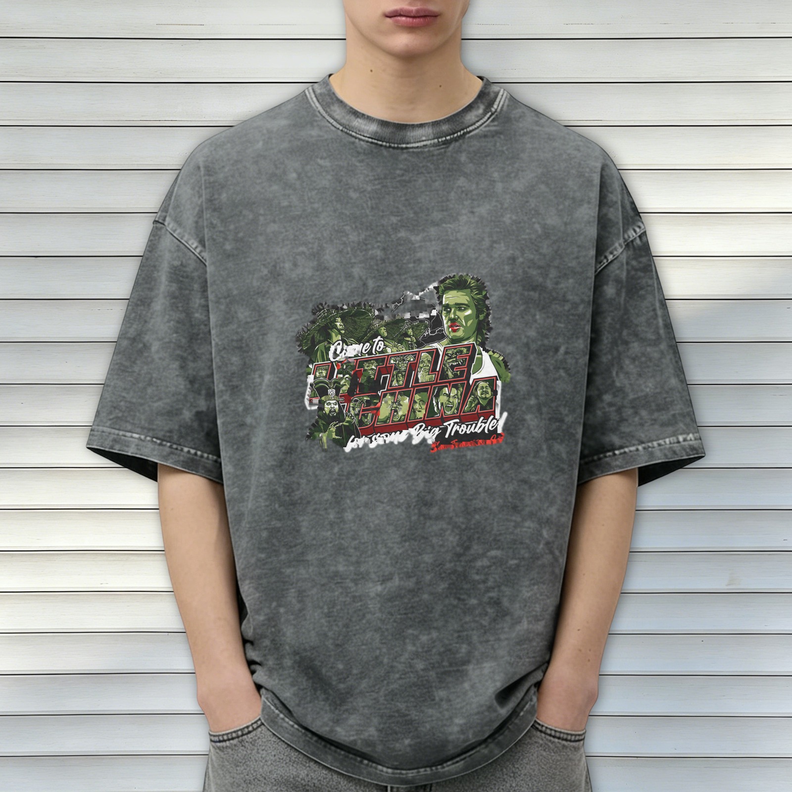 Retro washed black short-sleeved T-shirt with movie 