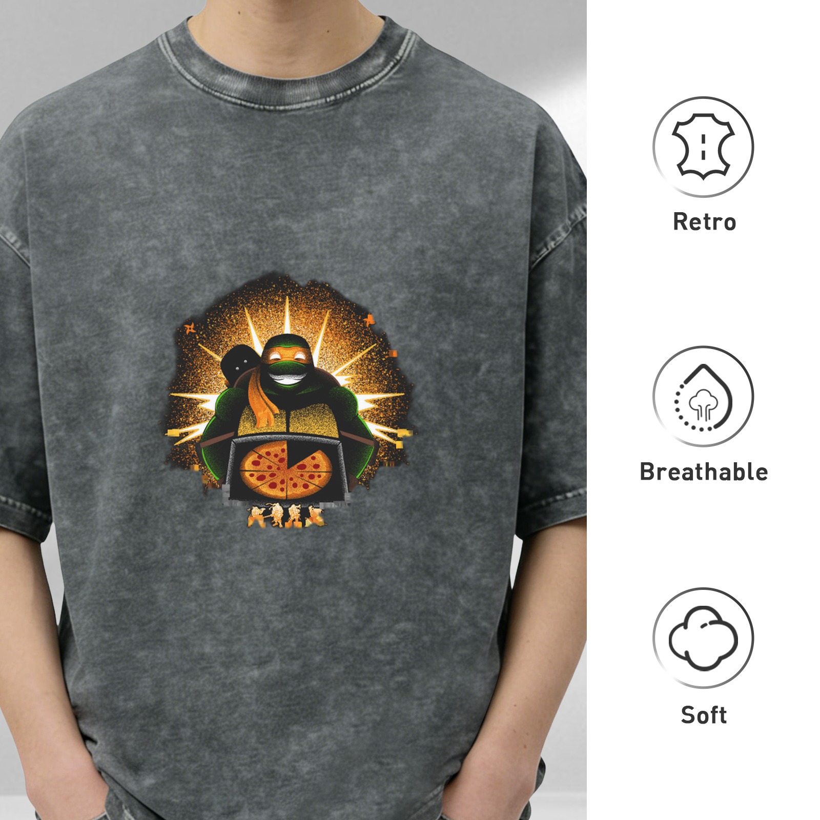 Washed Black T-Shirt With Ninja Turtle Holding Pizza Graphic