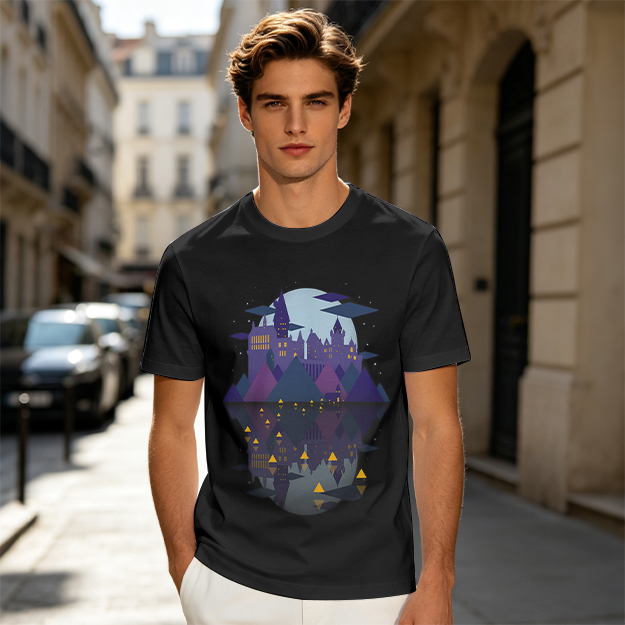Olive T-Shirt With Night Castle Lake Reflection Graphic