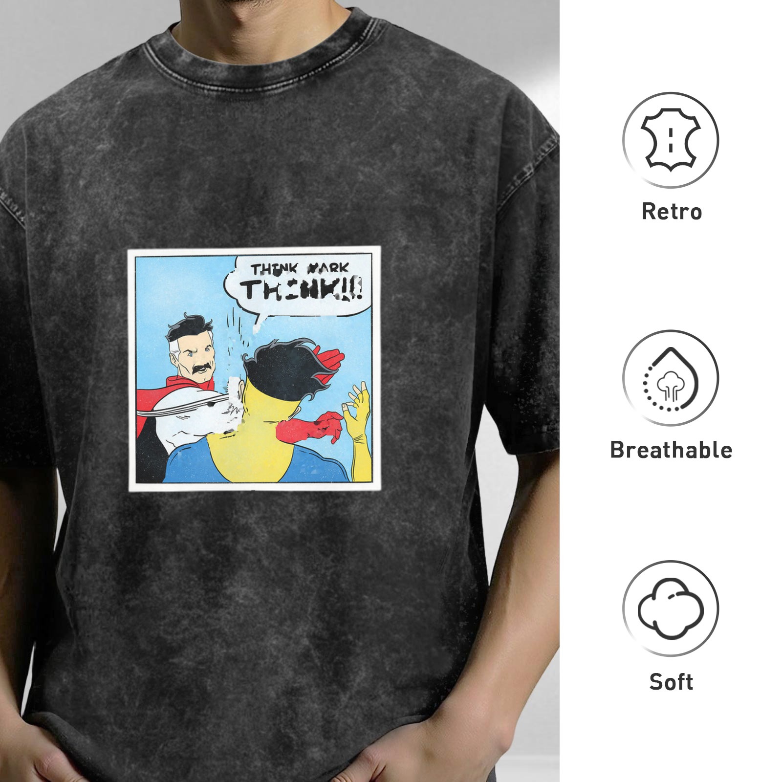 Oversized dark wash t-shirt with Invincible comic panel print