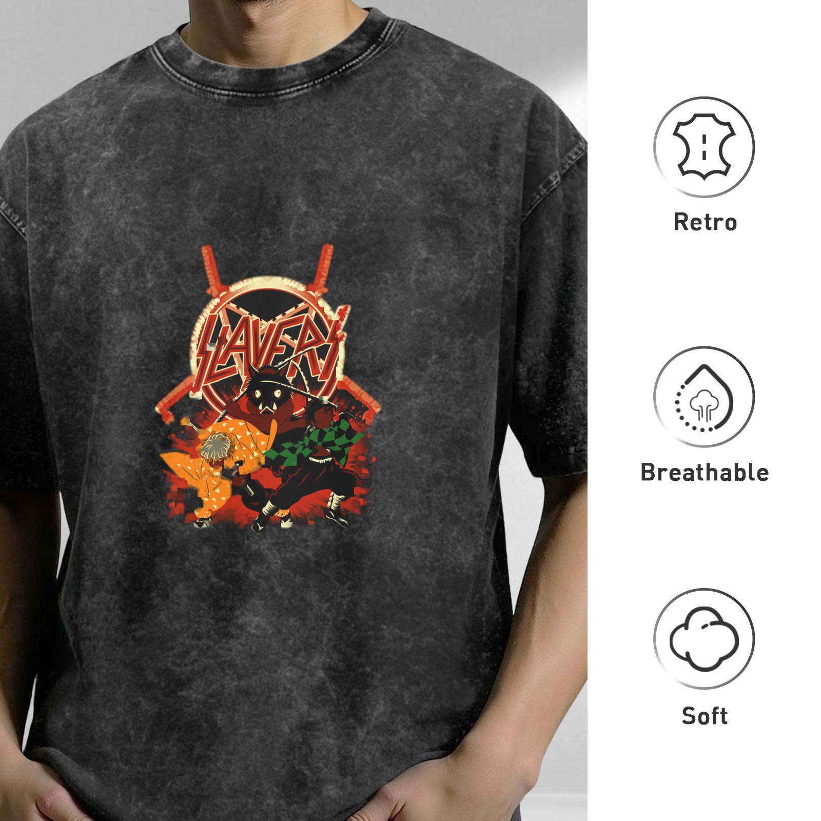 Washed Black Anime Demon Slayer Slayer Band Graphic T-Shirt