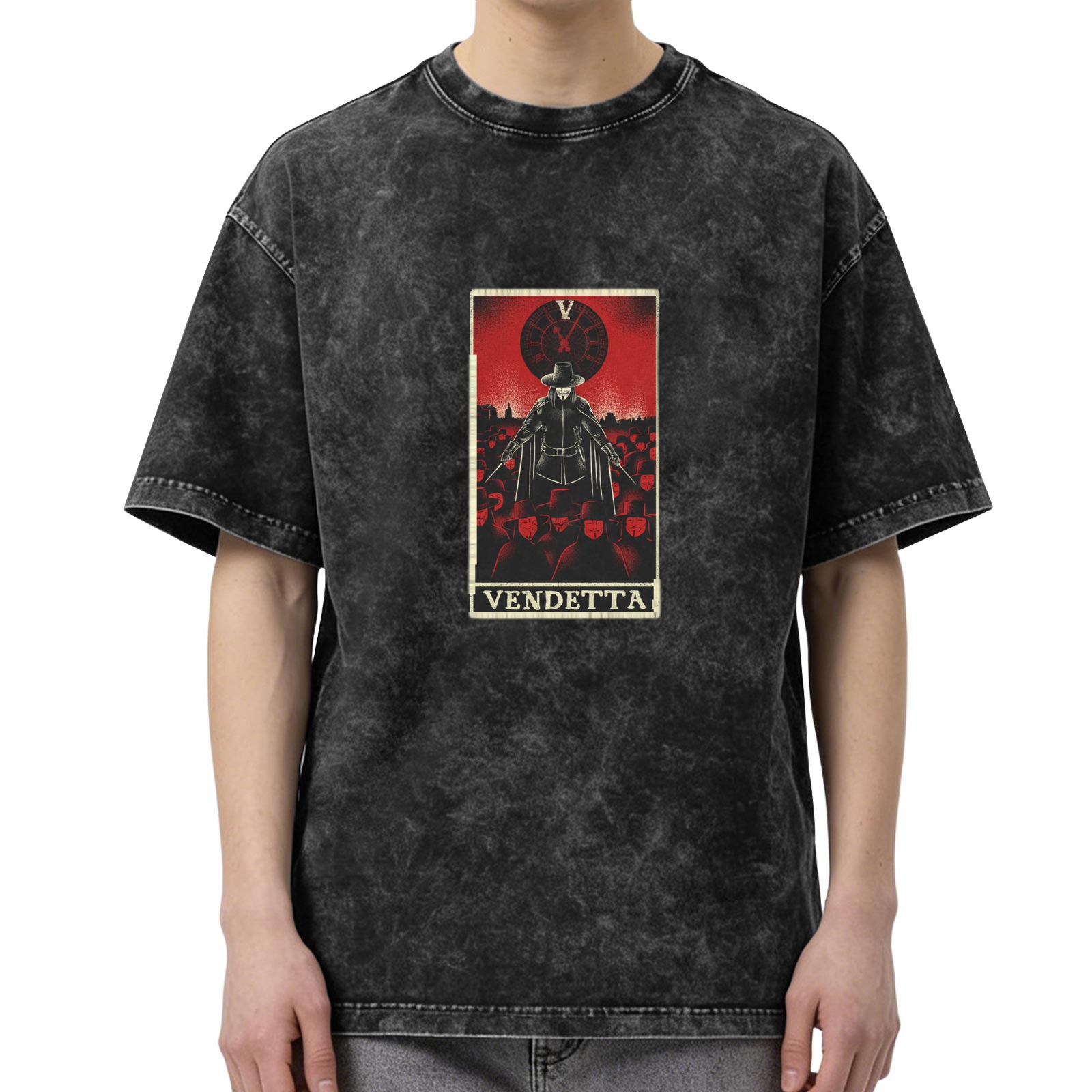 V for Vendetta Tarot Graphic Stone Wash Black T-Shirt