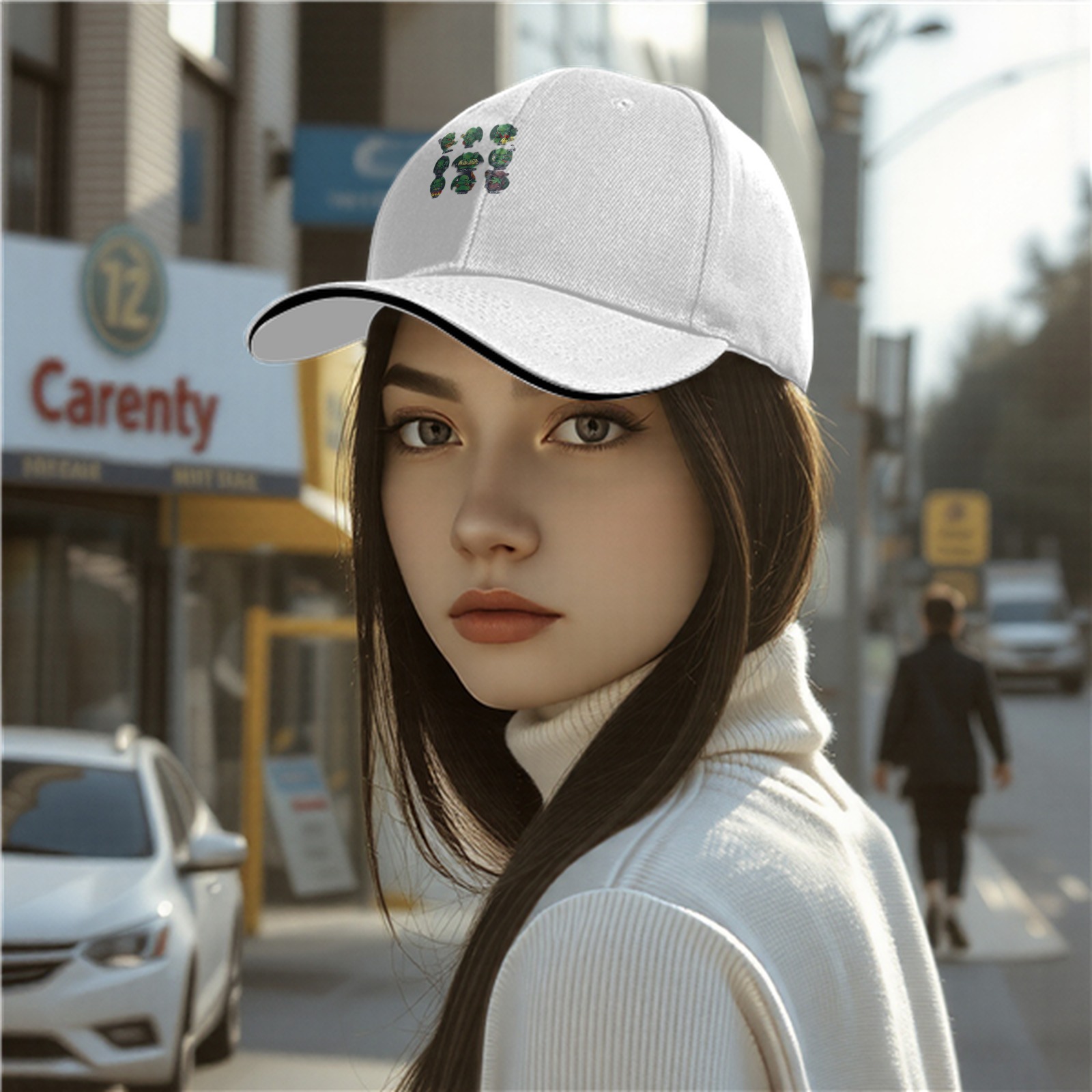 Black baseball cap with small green character grid print