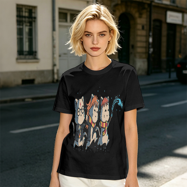 Olive T-Shirt With Harry Potter Themed Cat Trio Print