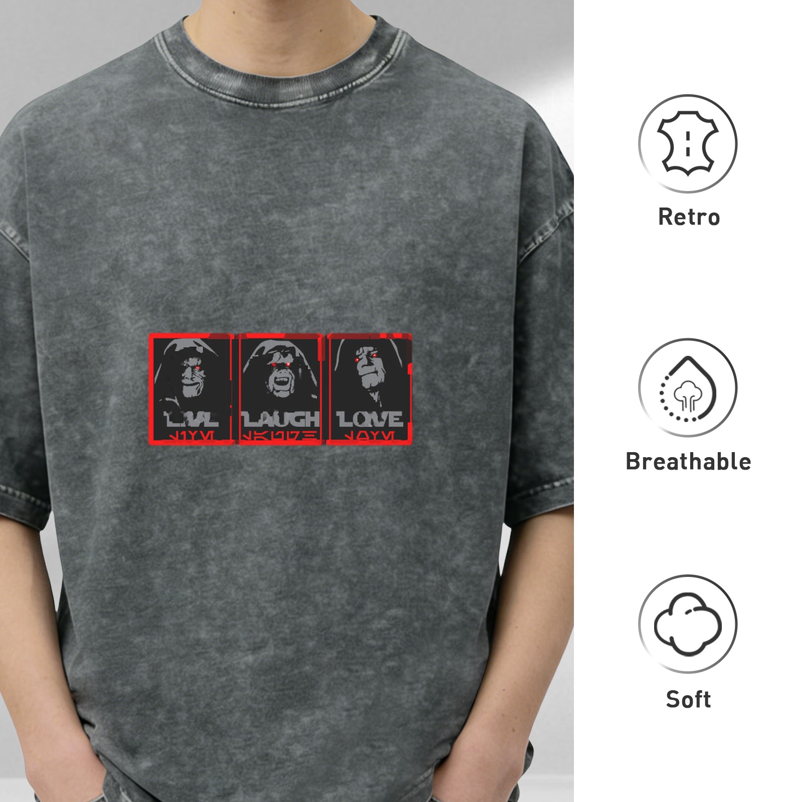 Washed Black Graphic T-Shirt With Dark Hooded Figure Live Laugh Love Print