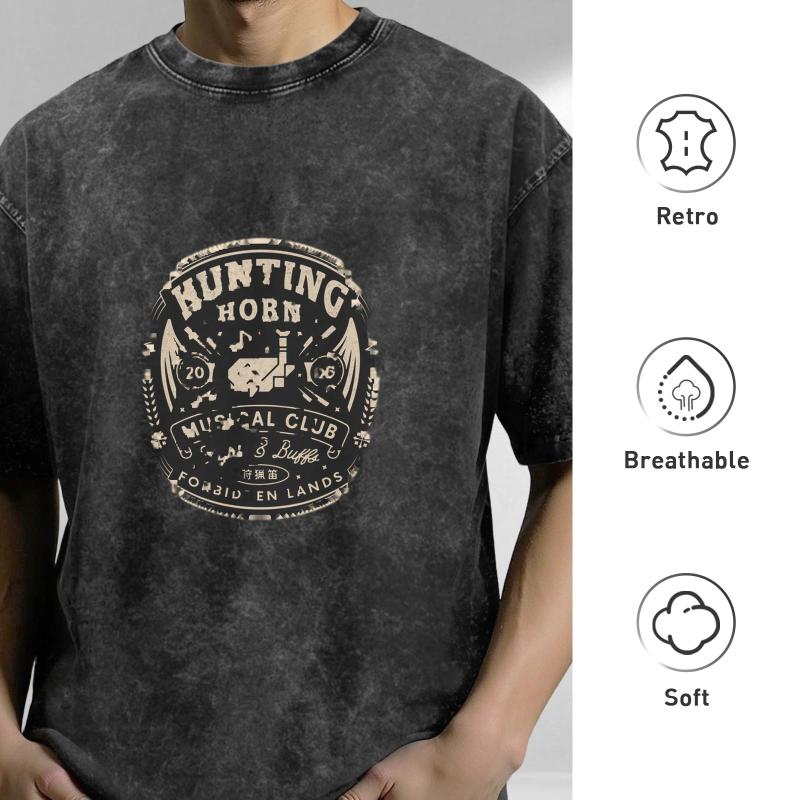Washed Black Graphic T-Shirt with Hunting Horn Musical Club Print
