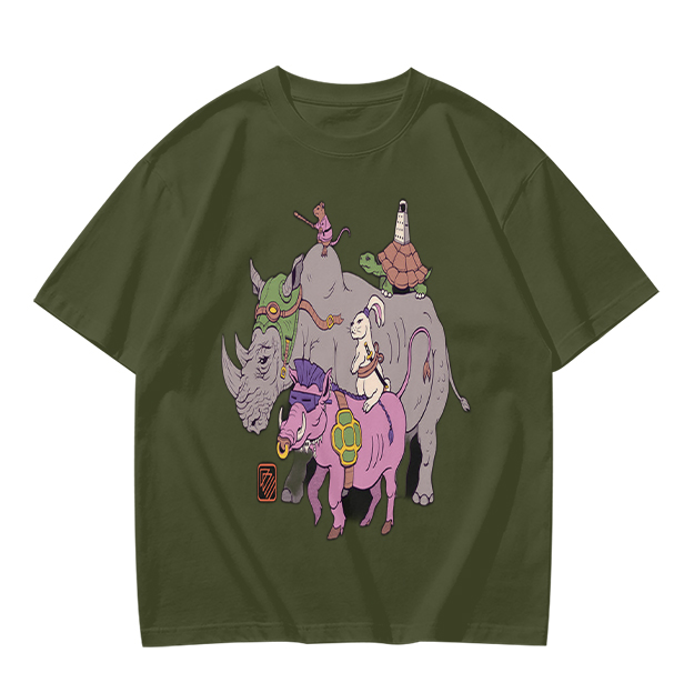 Olive T-Shirt With Whimsical Fantasy Animal Group Print