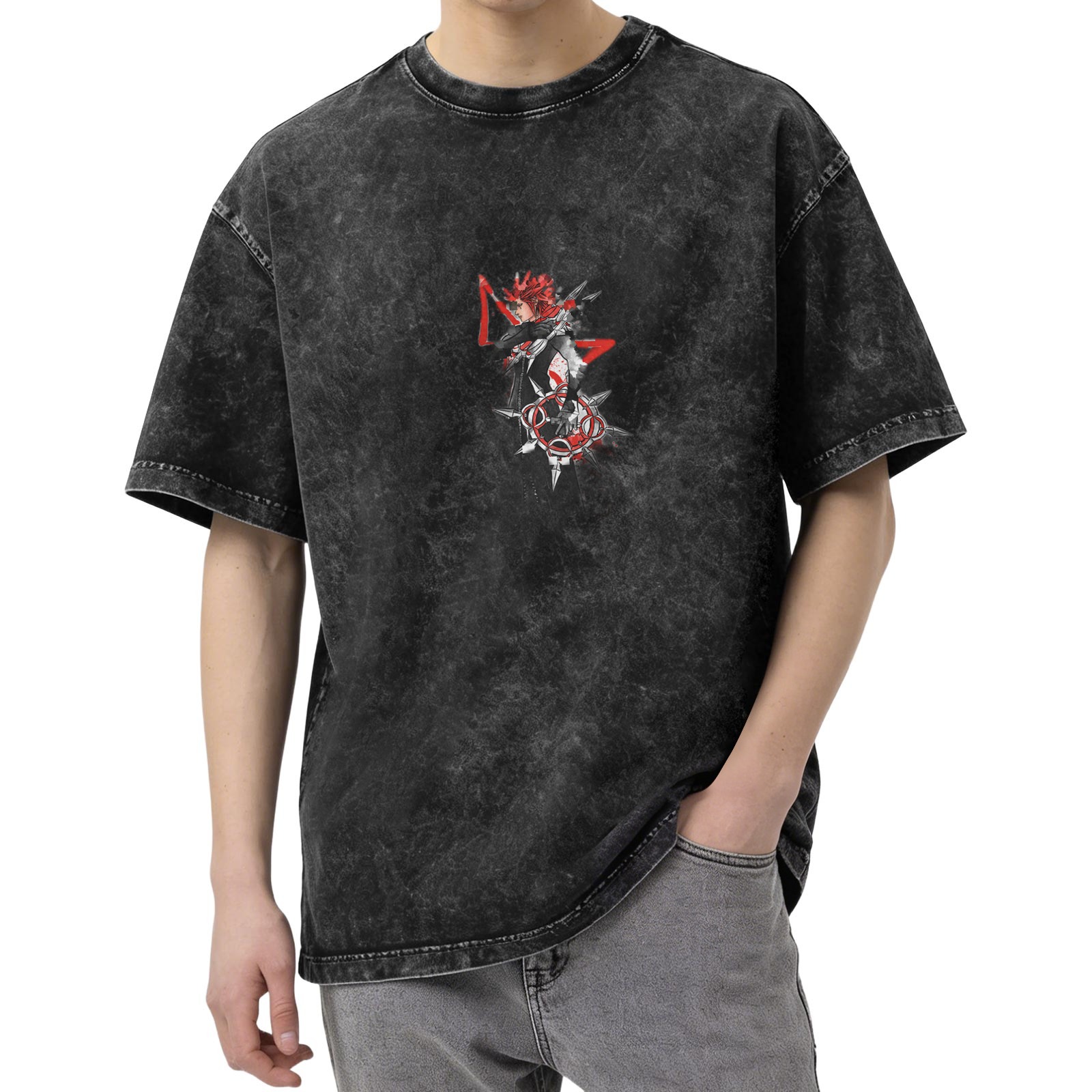 Oversized Acid Wash Graphic T-Shirt with Anime Character Print