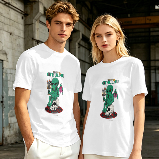Olive Green Cthulhu Graphic T-Shirt with Skull and Candles