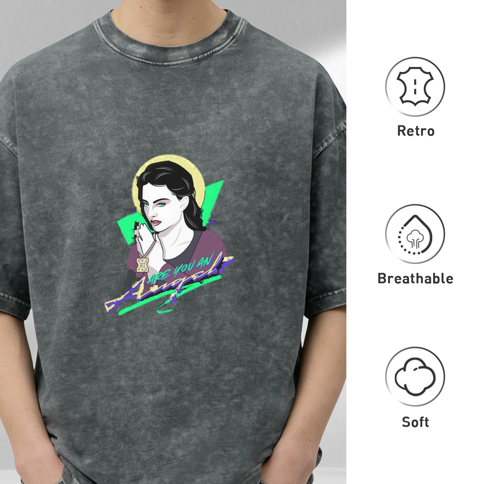 Oversized Dark Wash T-Shirt with Retro Angel Graphic Print