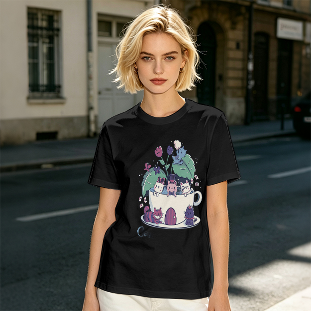 Olive T-Shirt With Whimsical Teacup Kitten Garden Print