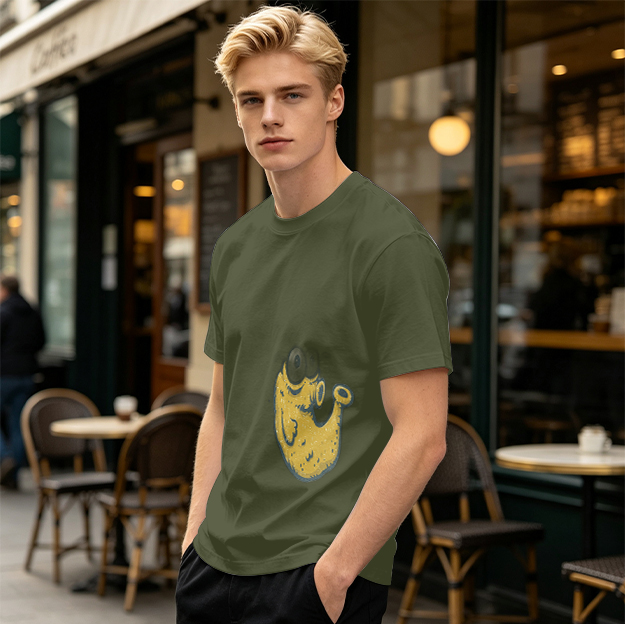 Olive Green T-Shirt With Whimsical Yellow Monster Graphic