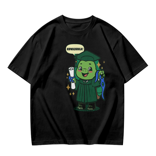 Olive T-shirt with Graduation Turtle Saying Cowabunga