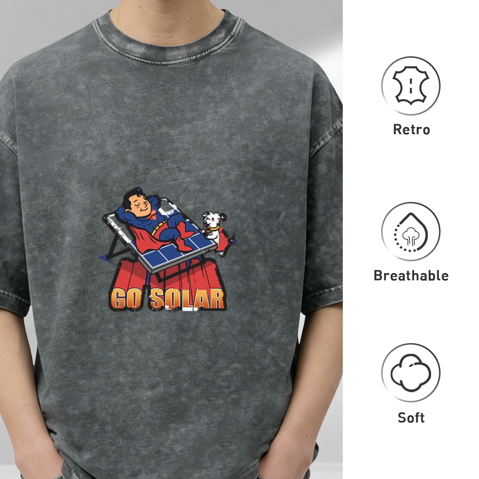 Oversized dark wash t-shirt with Superman and dog on solar panel graphic